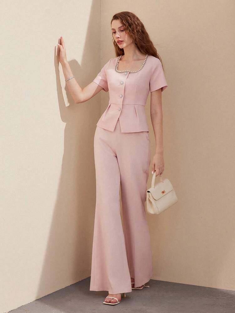 SQUARE NECK FAUX PEARL TRIM PEPLUM BLOUSE