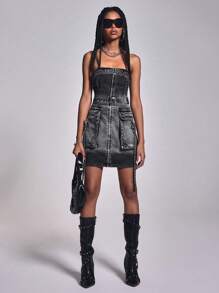 Ladies' Simple Solid-Colored Denim Suspenders Dress For Daily Wear - Grey - View 2