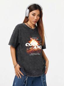 Coolane 女式夏季街头时尚针织图案水洗 T 恤 - 黑色 - 查看 3