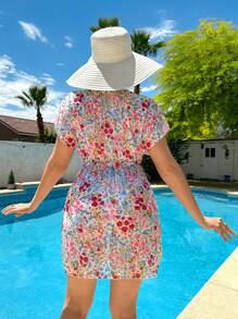 SHEIN Swim V-Neck Floral Print Short Sleeve Summer Kaftan Dress - Multicolor - View 2