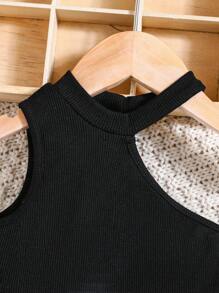 SHEIN Summer Knit Patchwork Floral Pattern Sleeveless One Shoulder Dress For Baby Girl - Black and White - View 3