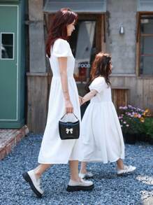 Vestido blanco para mujer con mangas abullonadas y cintura ajustada - Multicolor - Ver 5