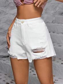 SHEIN EZwear Women's Solid Color Frayed Edge Distressed Denim Shorts, Summer - White - View 3