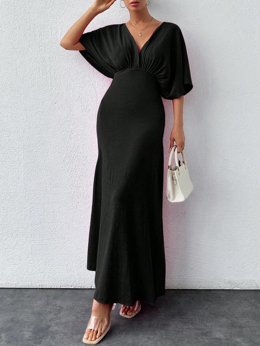 EURMUSE Women's Summer Solid Color V-Neck Batwing Sleeve Elegant Dress - Black - View 1