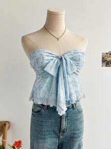 Soleia 女式假期露肩A字型上衣，前部打結設計 - 藍色 - 查看 4