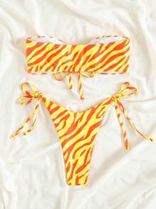 SHEIN Swim Ladies Stylish Color Block Zebra Print Bandeau Bikini Set, Summer Beach Vacation - Multicolor - View 2