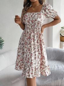 Women's Casual Vacation Puff Sleeve Drawstring Short Sleeve Ditsy Floral Dress, Spring/Summer