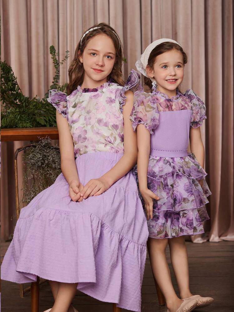 Young Girl's Floral Pattern Mesh Ruffle Stand Collar Puff Sleeve Knitted Top With Multi-Layered Cake Skirt Set