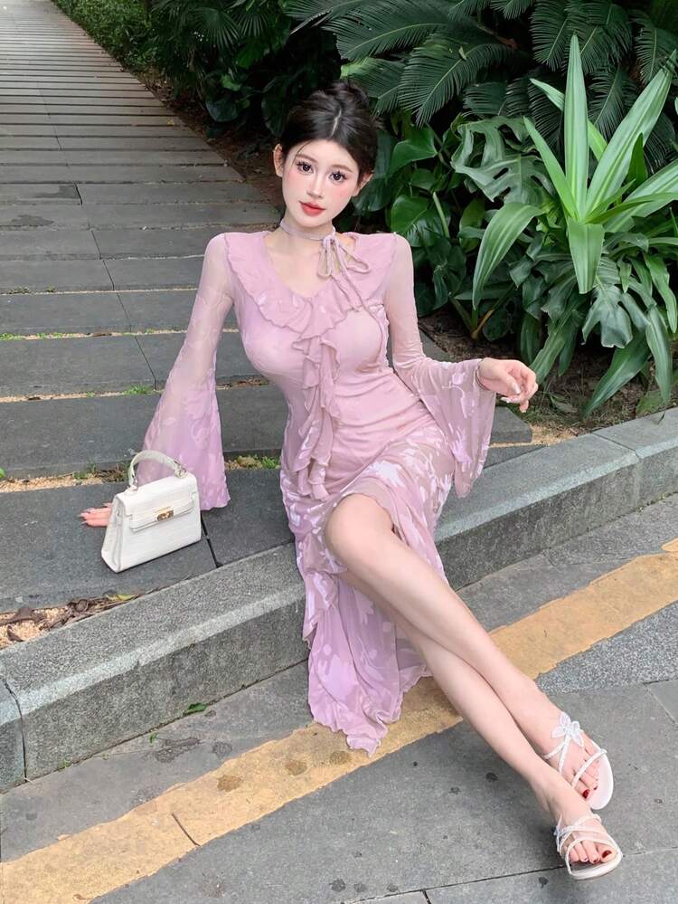 Flocked Raised Pattern V-Neck Long Sleeve Dress For Women, Autumn Sexy High Slit Dress,Ruffle