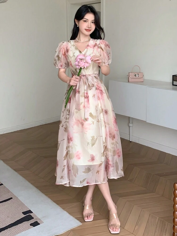 Women's Elegant & Romantic Floral Puff Sleeve Summer Dress Sundress Maxi Dress