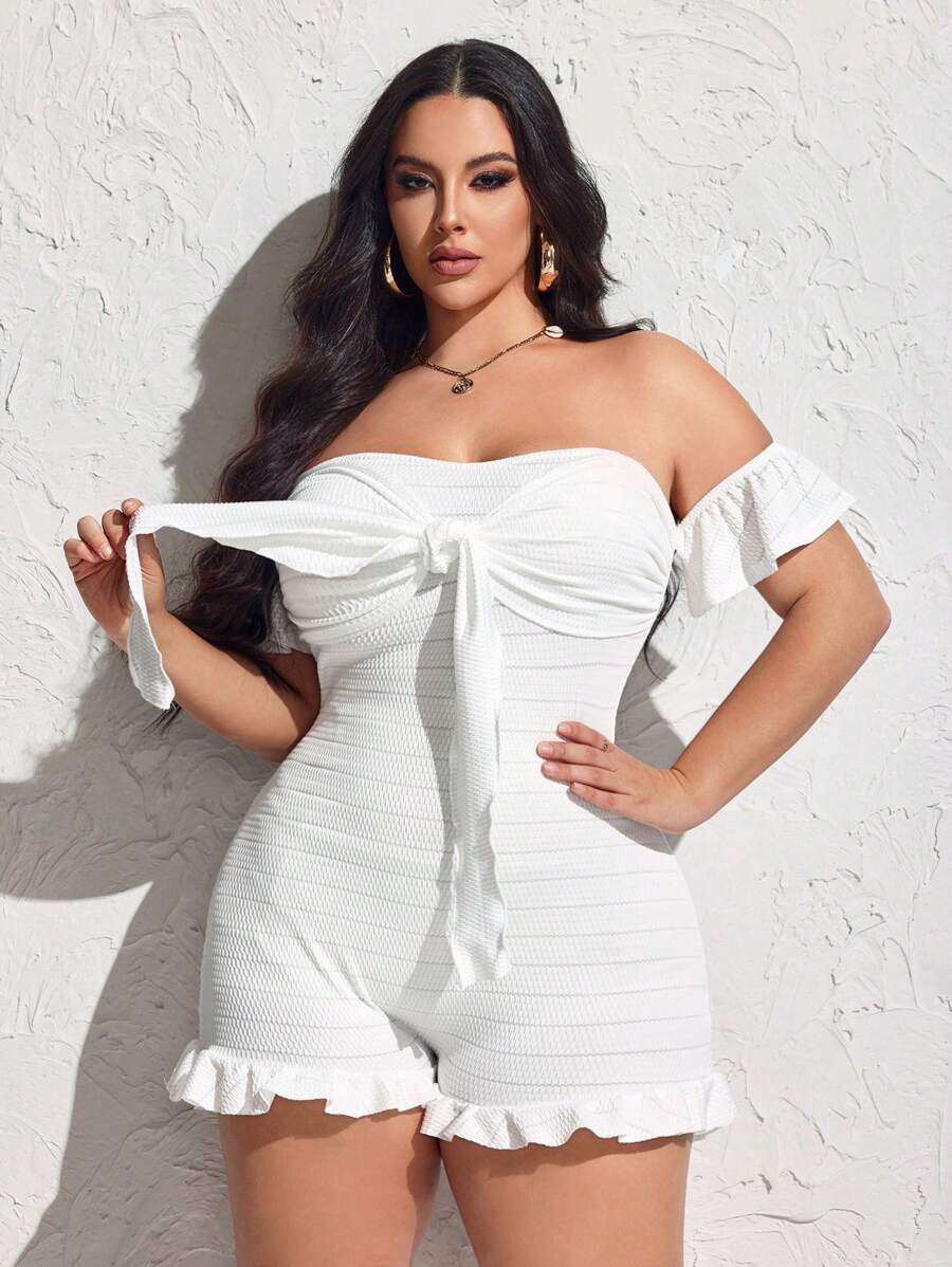 SHEIN SXY Off-Shoulder Ruffle Sleeve Texture Fabric Romper With Front Tie Bow Detail, Bodycon Fit