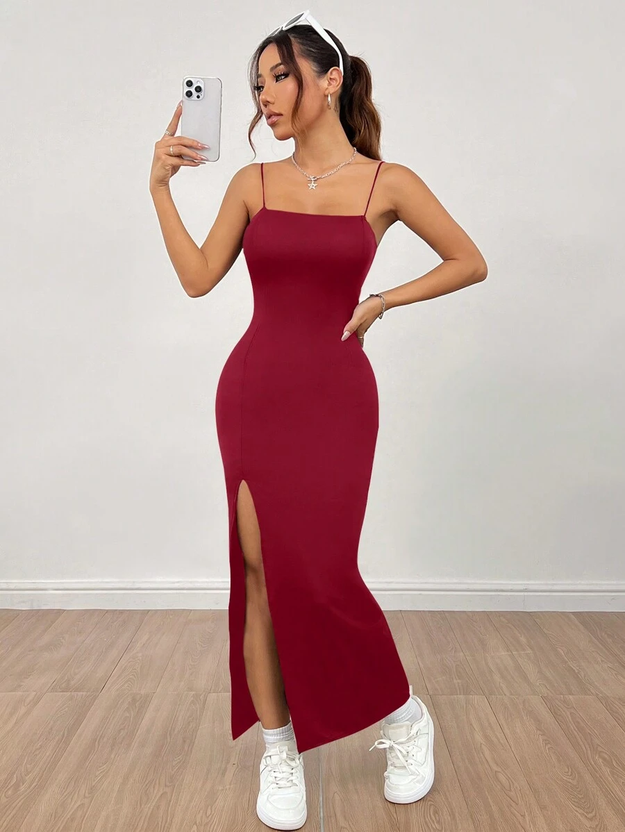 SHEIN PETITE 女士純色高開叉肩帶黑色長裙 - 酒紅色 - 查看 1