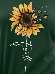 SHEIN LUNE Débardeur décontracté col rond imprimé tournesol et papillon grande taille pour femmes, été - Vert sapin - Voir 3
