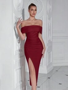 ADYCE Elegant One Shoulder Pleated Front Slit Backless Midi Party Dress For Prom Birthday Party Evening Date Homecoming Party Wedding Guest Cocktail Reception Family Festival - Burgundy - View 3