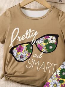 SHEIN Young Girls' Summer Casual Flower & Letter Printed Short Sleeve T-Shirt And Long Pants Set