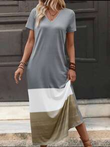SHEIN LUNE Robe à manches courtes pour femmes à blocs de couleurs à la mode