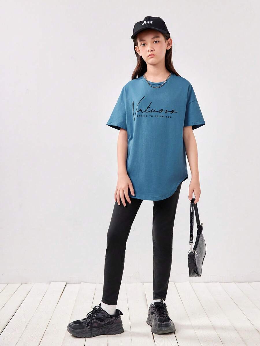 SHEIN Leap Crew 女大童標語圖案弧形下擺T恤和緊身褲 - 彩色 - 查看 1