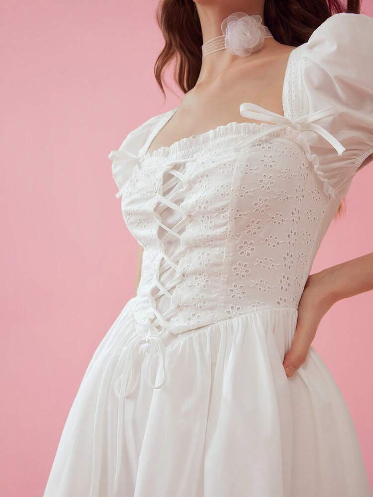 Women's Summer Sweetheart Neckline Puff Sleeve Lace-Up Flare Dress