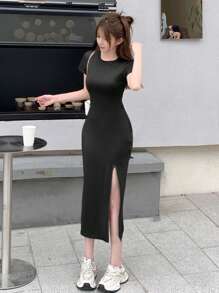 DAZY 女式纯色圆领短袖侧开衩下摆连衣裙返校季连衣裙太阳裙 - 黑色 - 查看 5