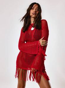 MUSERA Tassel Hem Crochet Long Sleeve Mini Dress Vacation Spring Summer Beach - Burgundy - View 1