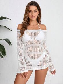 SHEIN Swim Ladies' See-Through Off Shoulder Long Sleeve Solid Color Dress With Cover Up Summer - White - View 5