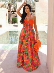 SHEIN SXY Vacation Holiday Resort Cute Sexy Beach Wear Women Outfits Women's Summer Orange  Tropical Print Textured Fabric Backless Beachwear Long Maxi Full Hemline Dress,Sundress - Multicolor - View 5
