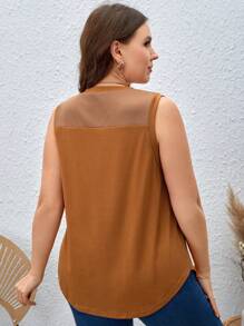 SHEIN LUNE Plus Half Button Curved Hem Tank Top - Brown - View 2