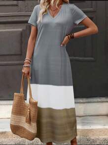 SHEIN LUNE Robe à manches courtes pour femmes à blocs de couleurs à la mode