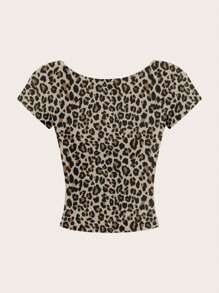 SHEIN EZwear Áo thun crop top hở lưng họa tiết da báo hở vai tay ngắn cho nữ, phù hợp cho mùa hè - trắng - Xem 3