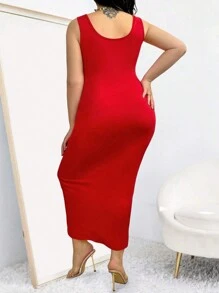SHEIN Clasi Váy Maxi Không Tay Màu Trơn Mùa Hè Cỡ Lớn Cho Quần Áo Năm Mới Cho Phụ Nữ - Đỏ - Xem 2