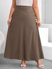 SHEIN Clasi Falda negra larga de línea A para tallas grandes - Camel - Ver 6