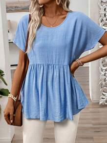 SHEIN LUNE 女士时尚蓝色亚麻混纺露肩泡泡袖开衩下摆衬衫 - 藍色 - 查看 6