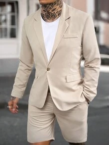 Manfinity Homme Men's Solid Color Single-Breasted Long Sleeve Suit Coat And Shorts With Pockets Casual Suit Set - Apricot - View 1