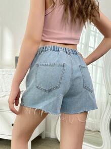 Pantalones cortos de mezclilla informales con dobladillo sin procesar para chica adolescente con bordado floral y cintura elástica para vacaciones