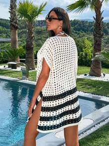 EURMUSE Farbblockgestreifter luftiger gestrickter Cover-Up für den Sommer Strandurlaub