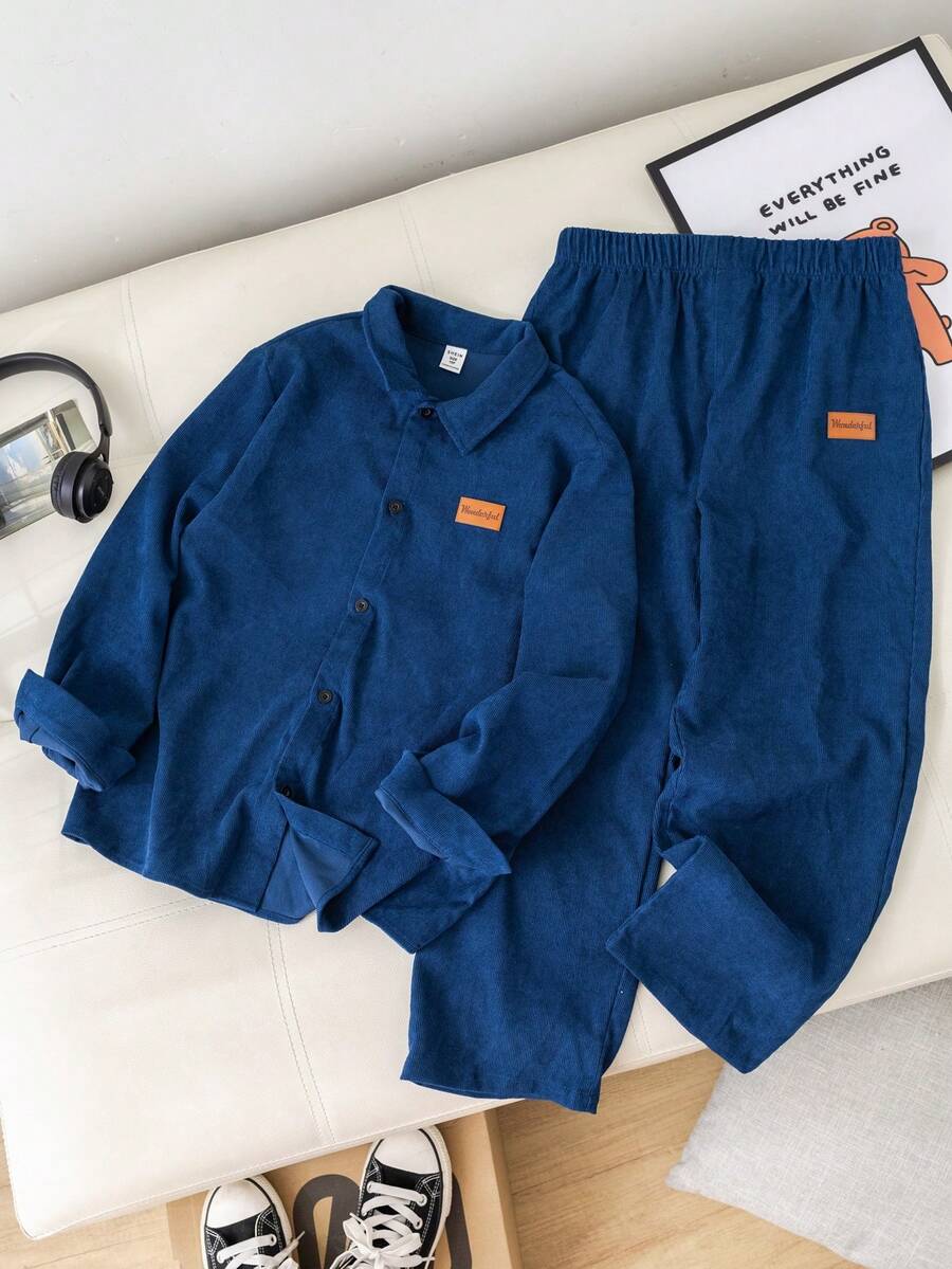 SHEIN 青少年男孩加大尺碼休閒長袖襯衫和長褲套裝,適用於春季/秋季 - 藍色 - 查看 1