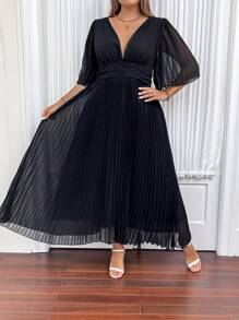 Celure Plus Size Women's Elegant Deep V-Neck Ruffle Short Sleeve Long Pleated Dress With Flowy Hem, Summer