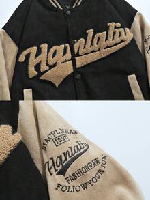 春秋時尚寬鬆拼色字母刺繡棒球夾克 - 黑色 - 查看 4