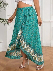 SHEIN Privé Plus Size Summer Beach Vacation Printed Ruffle Hem A-Line Women's Skirt - Multicolor - View 6