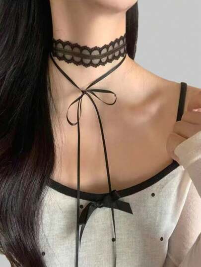 Fairycore 1pc Black Lace Bowknot Collar Necklace Valentines,Mom,Mother,Mother's Day,Gift