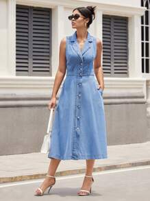 SHEIN Essnce Váy không tay denim màu trơn phía trước dành cho nữ - Rửa nhẹ - Xem 6