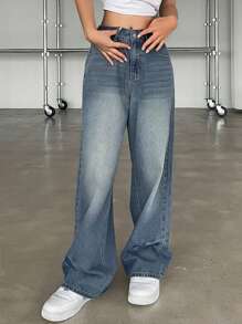 DAZY Women's Baggy Wide Leg Casual Jeans With Pockets - Medium Wash - View 3