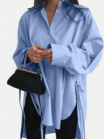 INAWLY Plus Size Solid Color Casual Long Sleeve Shirt With Front Buttons, Short Front And Long Back Fall Cloth For Women