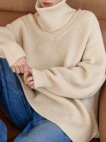 DAZY Ribbed Knit Drop Shoulder Sweater With Infinity Scarf,Fall Women Clothes Turtleneck Women