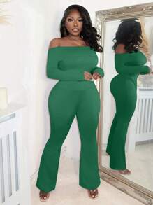 Slaydiva Spring/Summer Off Shoulder Cropped Top And Slim Fit Long Pants Sexy Two-Piece Set - Green - View 4