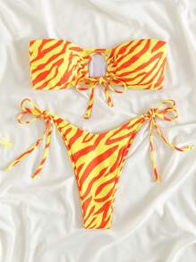 SHEIN Swim Ladies Stylish Color Block Zebra Print Bandeau Bikini Set, Summer Beach Vacation - Multicolor - View 3