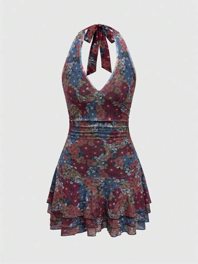 FattoColore Vestido de verano para mujer con corbata en el cuello y estampado floral