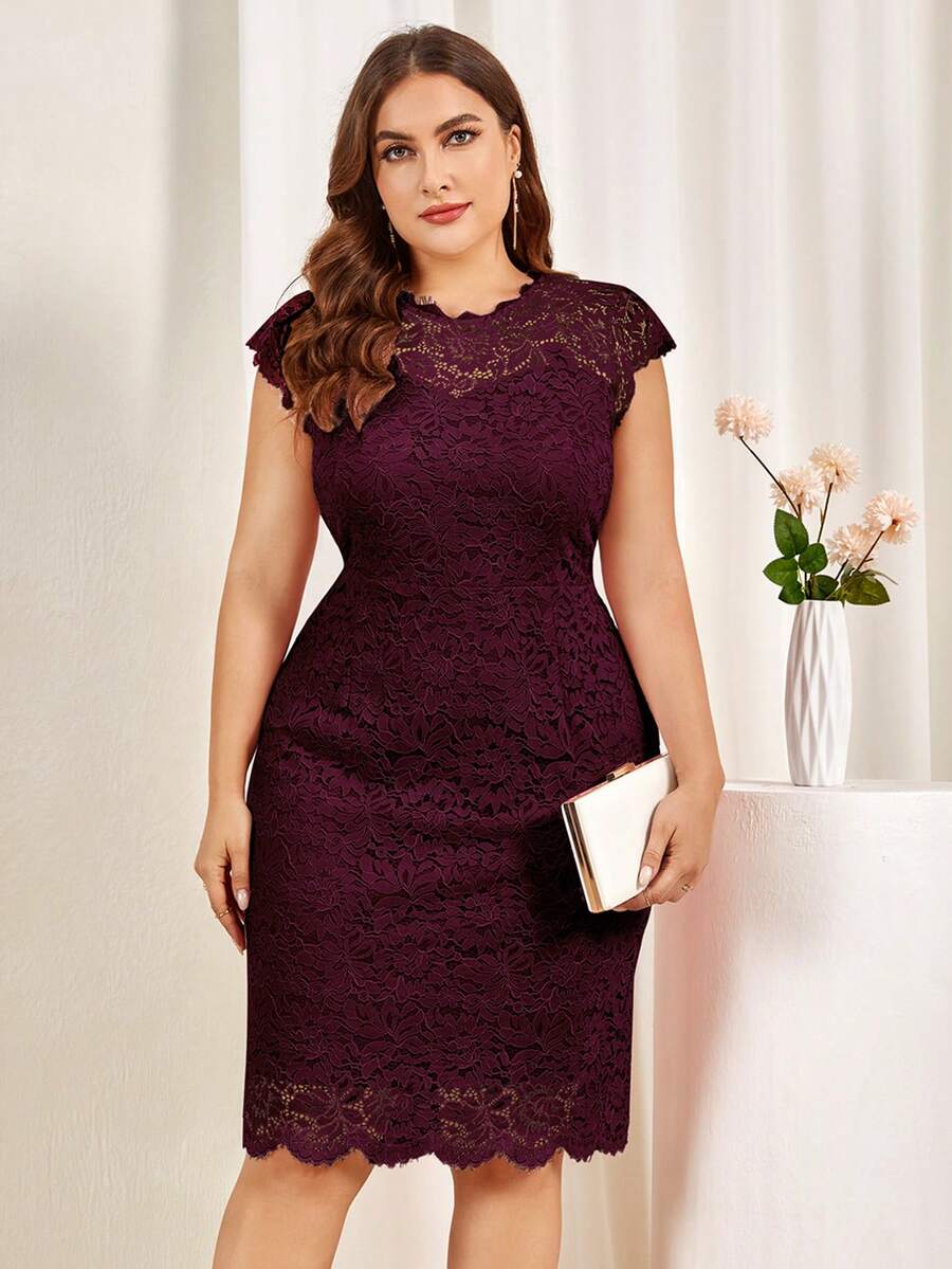 MIUSOL 大碼貝殼邊蕾絲連衣裙 - 酒紅色 - 查看 1