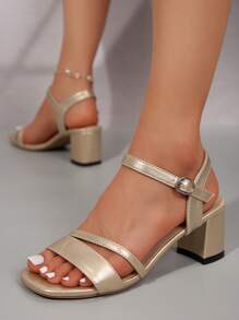 女士高跟涼鞋，舒適金色婚鞋，女式夏季鞋履，女士厚跟鞋沙灘鞋 - 金色 - 查看 3