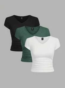 SHEIN EZwear 女式加大码针织 V 领腰部褶皱短袖修身 T 恤，3 件/套，多种颜色可选